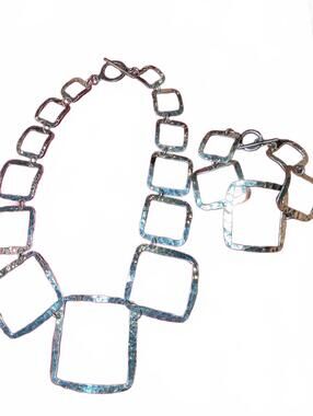 Sterling Silver Geometric Square Link Necklace and Bracelet Set